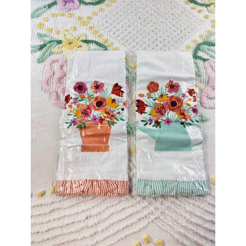 Twos Company Floral Tea Towels Set of 2 Cotton Ruffle Watering Can Pot White